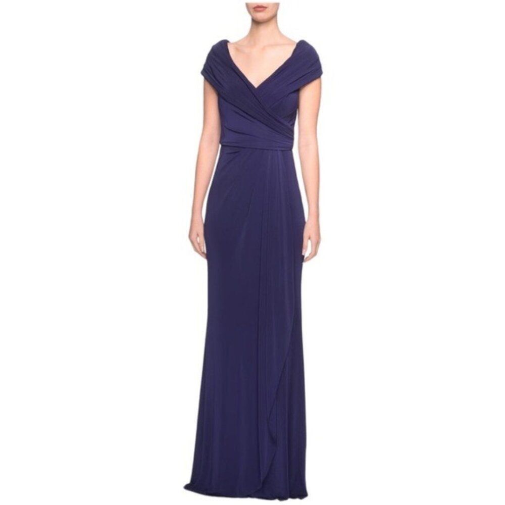 La Femme Ruched Jersey Column Gown in Navy  Size 10 - Picture 2 of 8